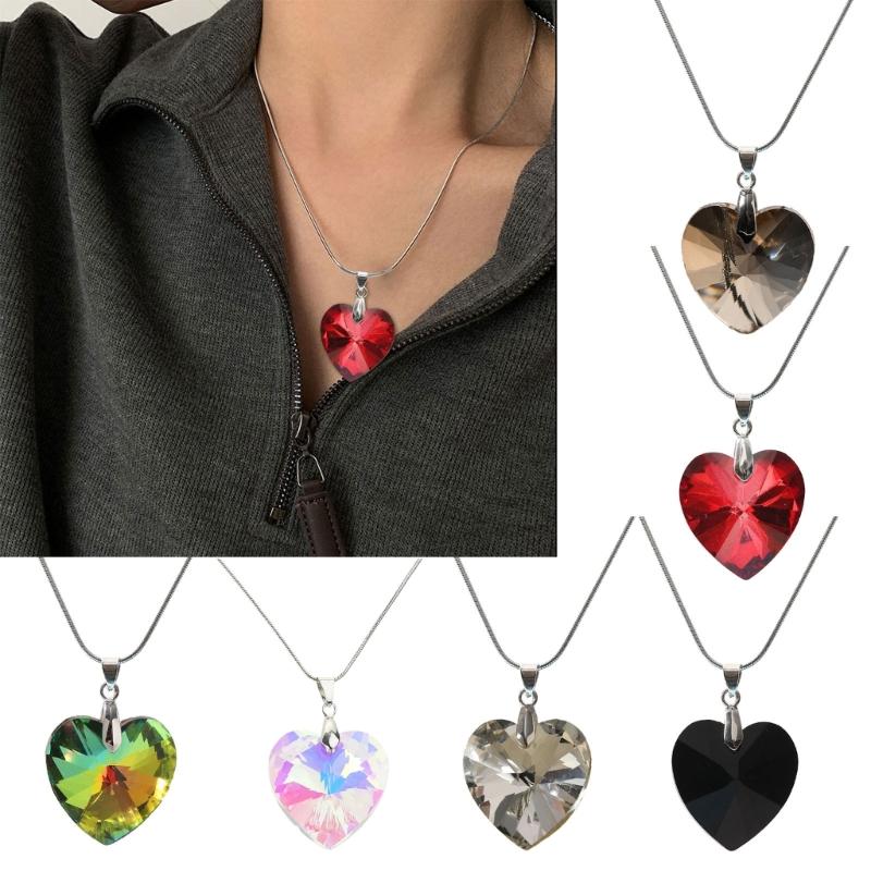 Glass Heart Pendant Necklace Simple Clavicle Chain Adjustable Collar Necklace Jewelry Stainless Steel Chain Necklace
