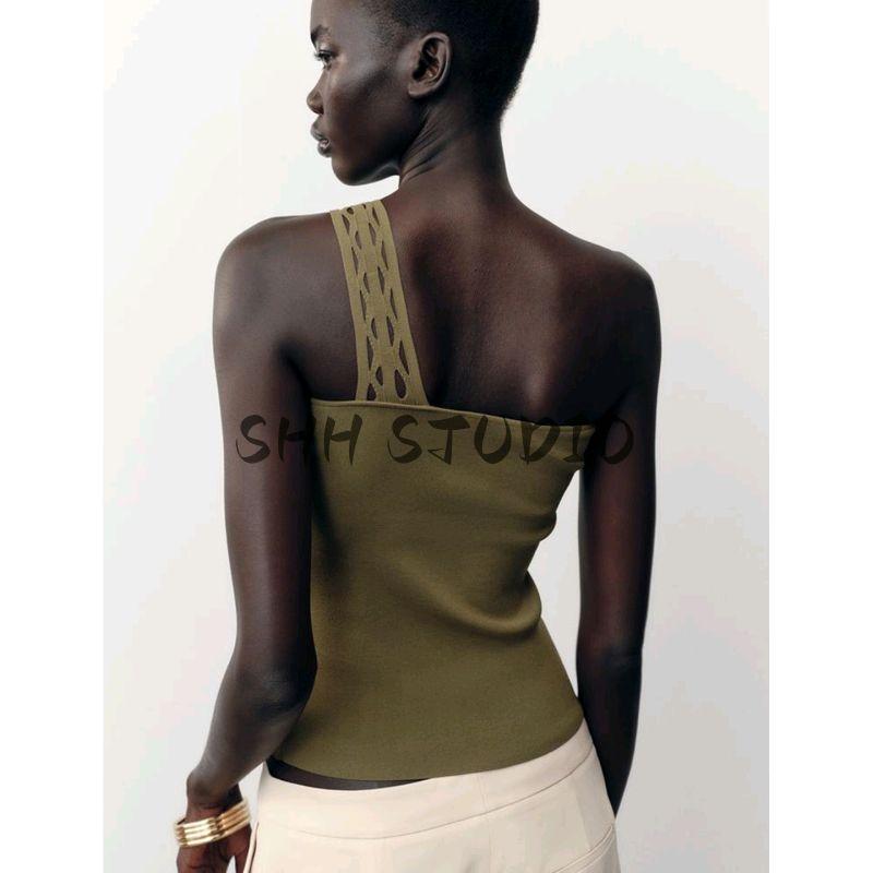 Summer New Product Women's Clothes Cut Out Decoration Loose Asymmetric Design Spaghetti Straps Knitted Tops 4938101