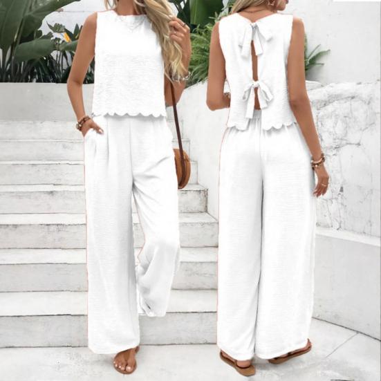 Damen 2-teilige Outfits Sommer Ärmellos Bindeband am Rücken Oberteil und Weite Beinhosen Sets Lässig Urlaubs Loungewear Passende Sets