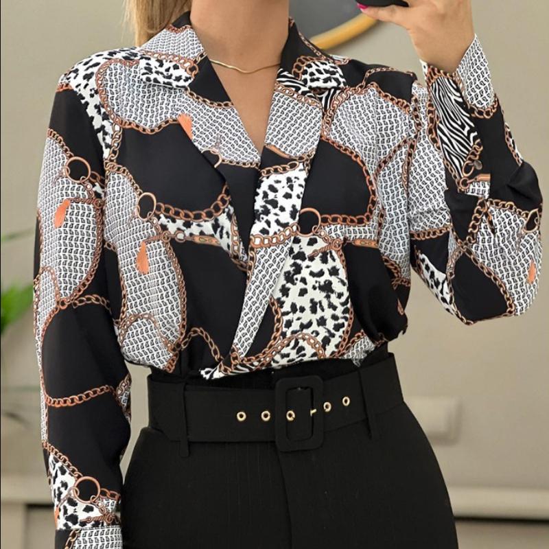 Women's Autumn Loose Long Sleeve V-Neck Pullover Printed Shirt Blouse