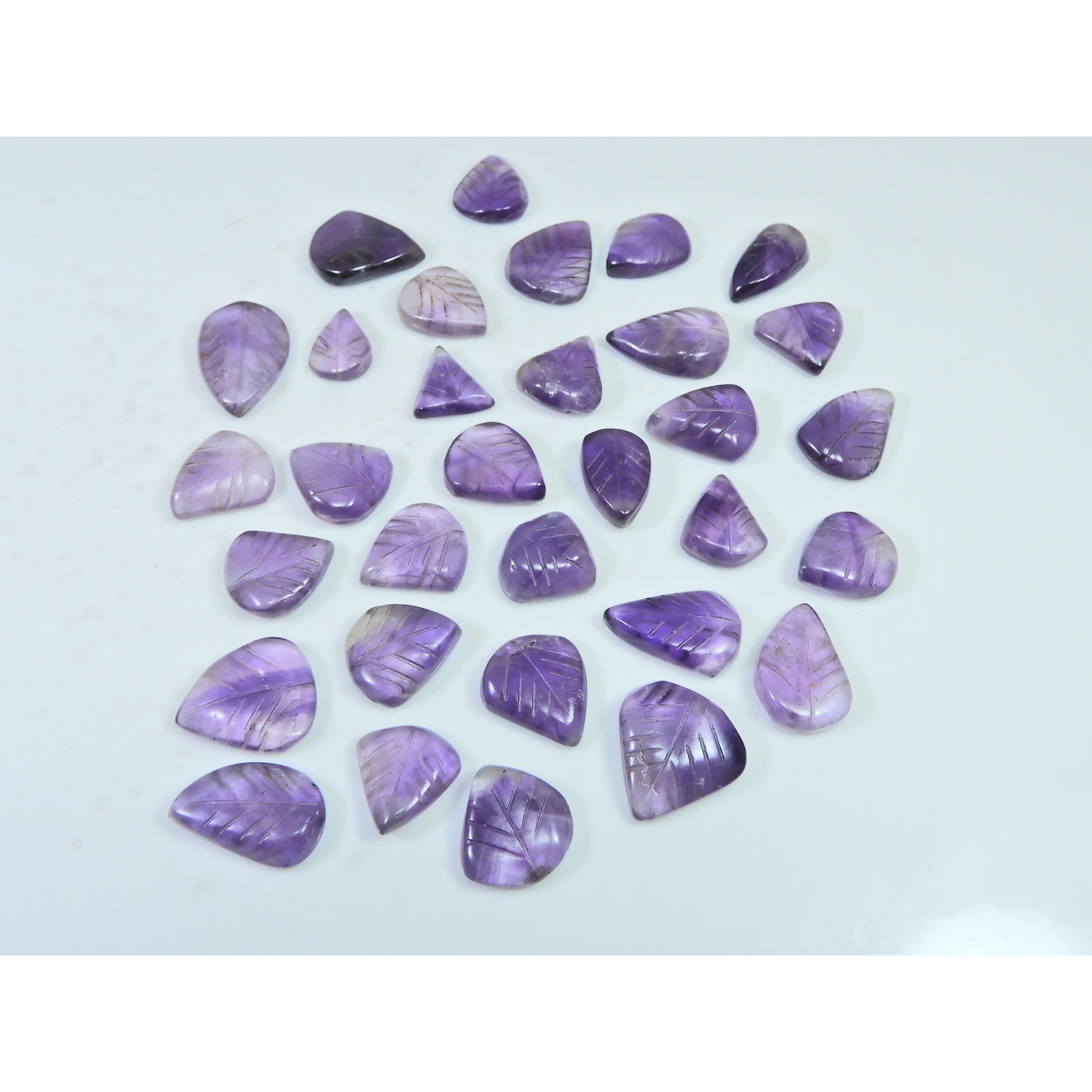 175Cts. Natural Amethyst Leaf Carving Pear Shape Cabochon Gemstone 32Pcs Lot C-1905