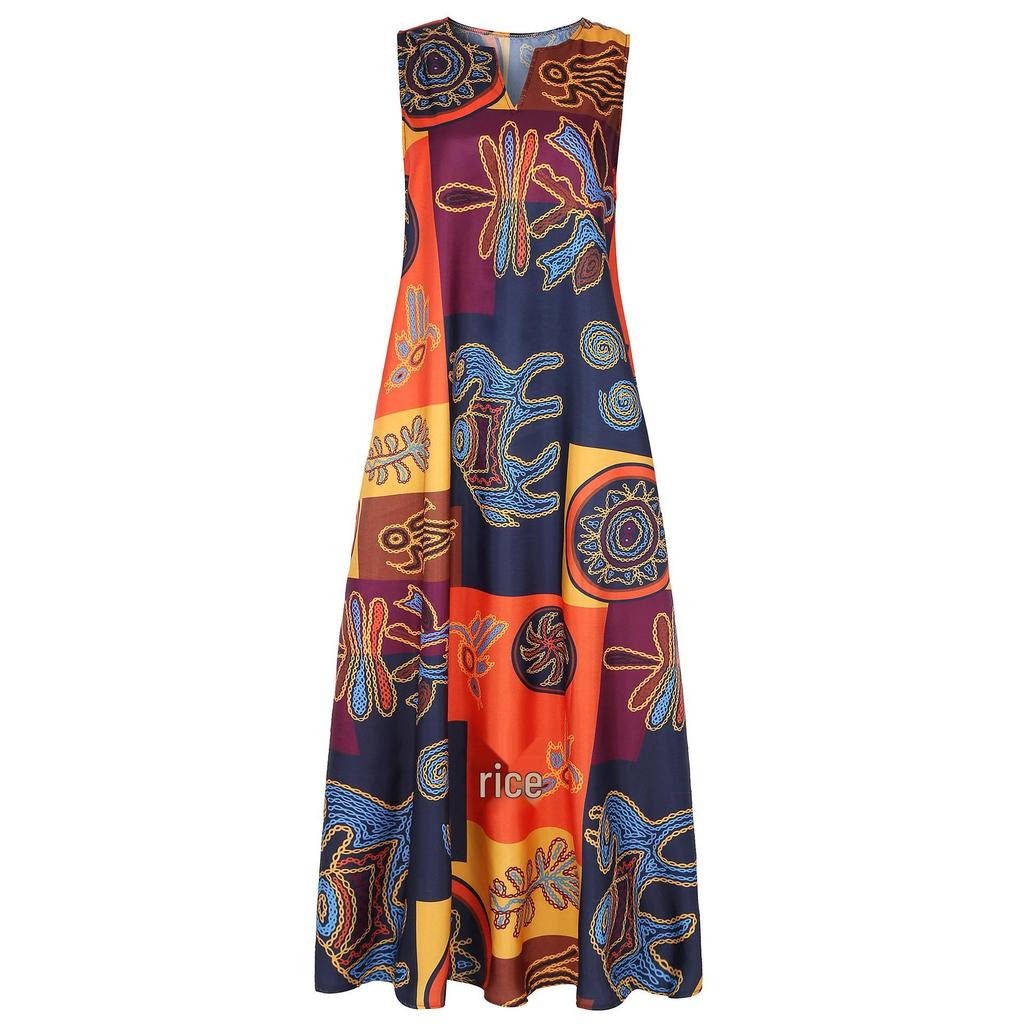 Retro-Print Baumwolle Leinen V-Ausschnitt Ärmellos Übergröße Damen Swing-Kleid mit Taschen