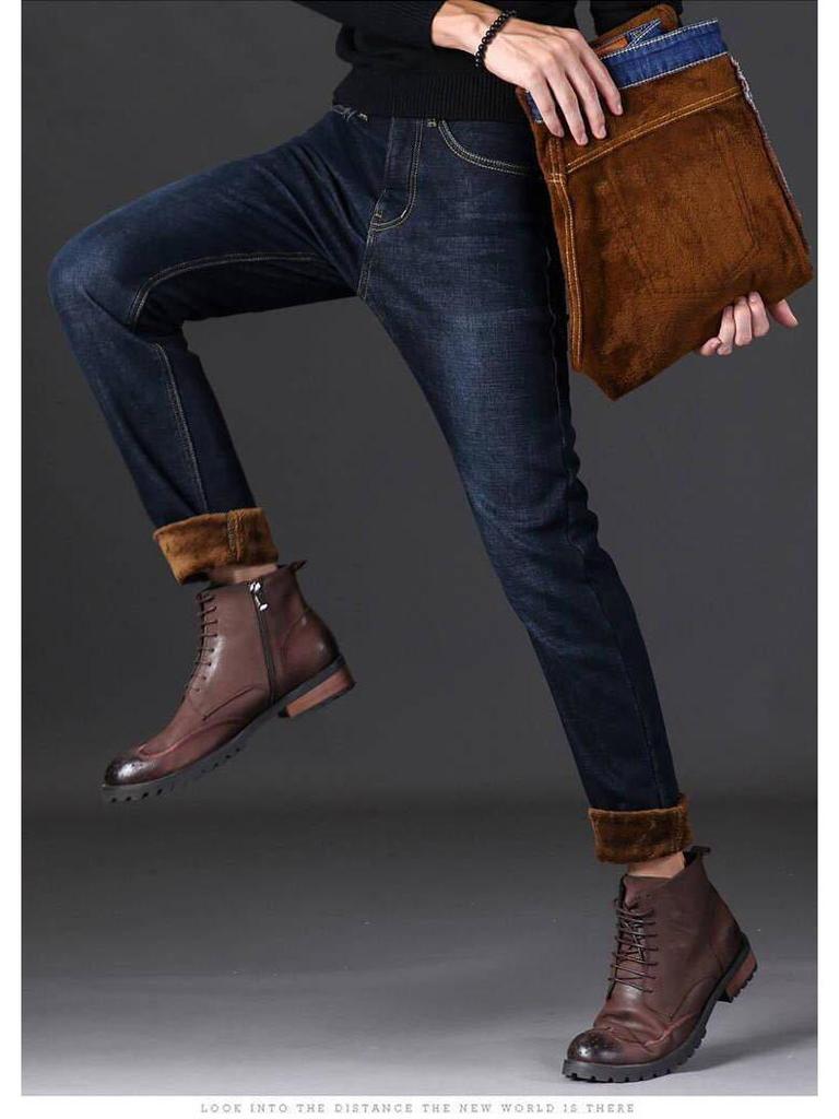 2025 Autumn Winter Men's Plus Velvet Thick Straight-Leg Jeans - Large Size, Loose Fit, Business Casual Youth Denim