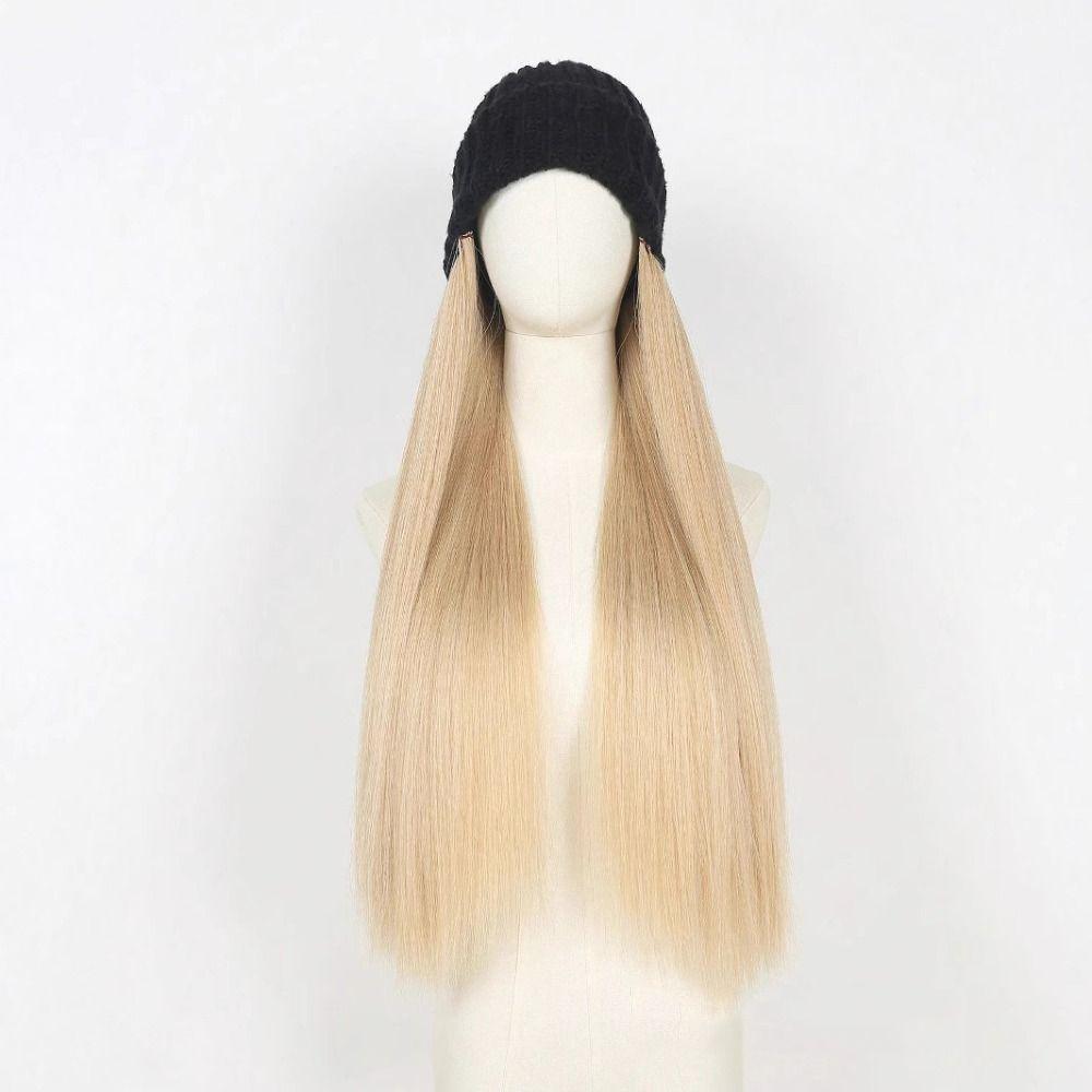 Winter Cap Beanies Hat with Hair Wigs One-piece Long Straight Hair Ski Knitted Hat Wig  Girls