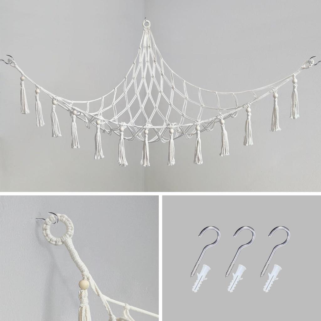 Corner Hanging Woven Cotton Rope Toy Storage Net with Tassels