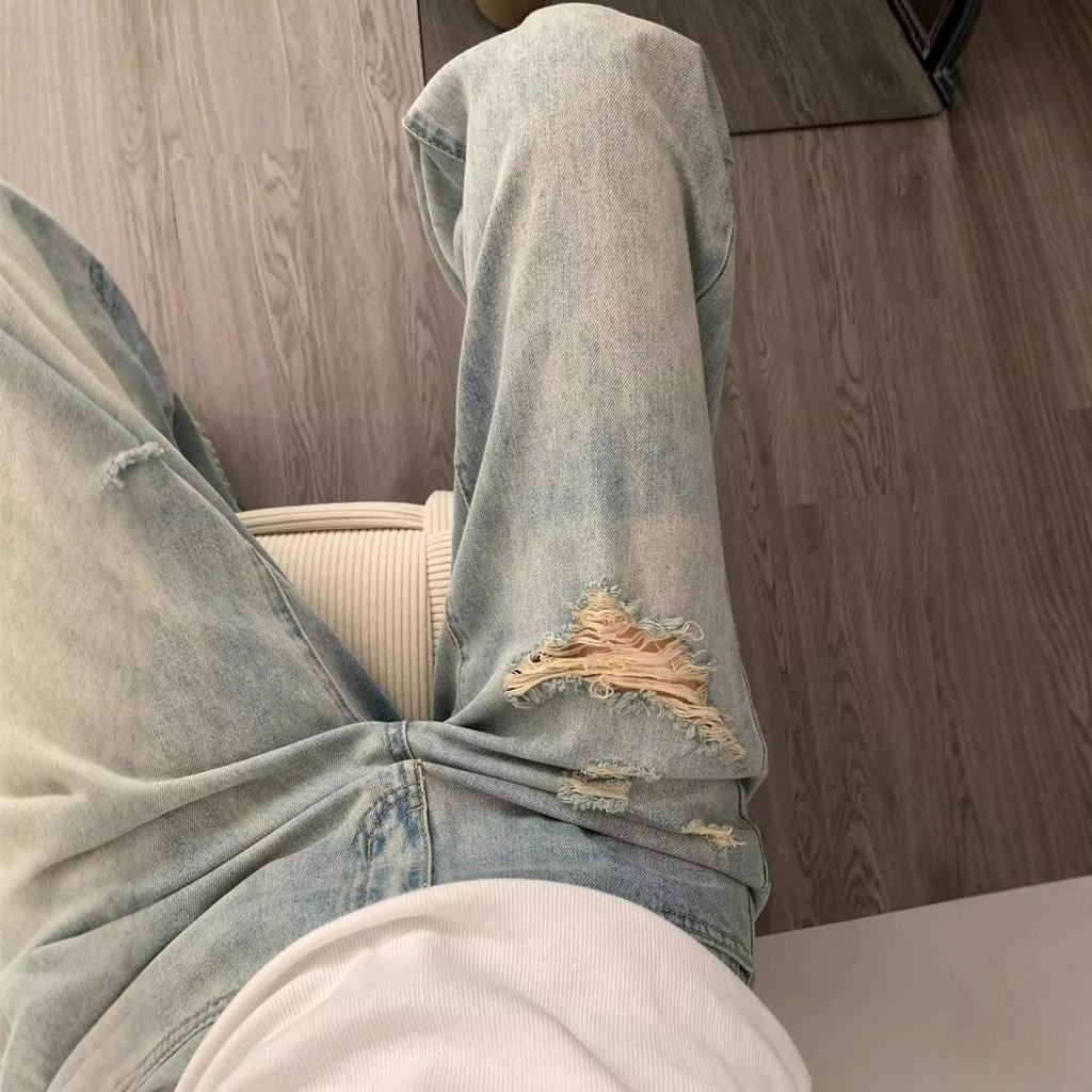 Drapierte Jeans mit gerissenem Knie Damen Herbst Hellblau Dünn Hohe Taille Bodenlang Locker Vielseitig Weites Bein Hose Retro Baggy Lange Jeans für Damen