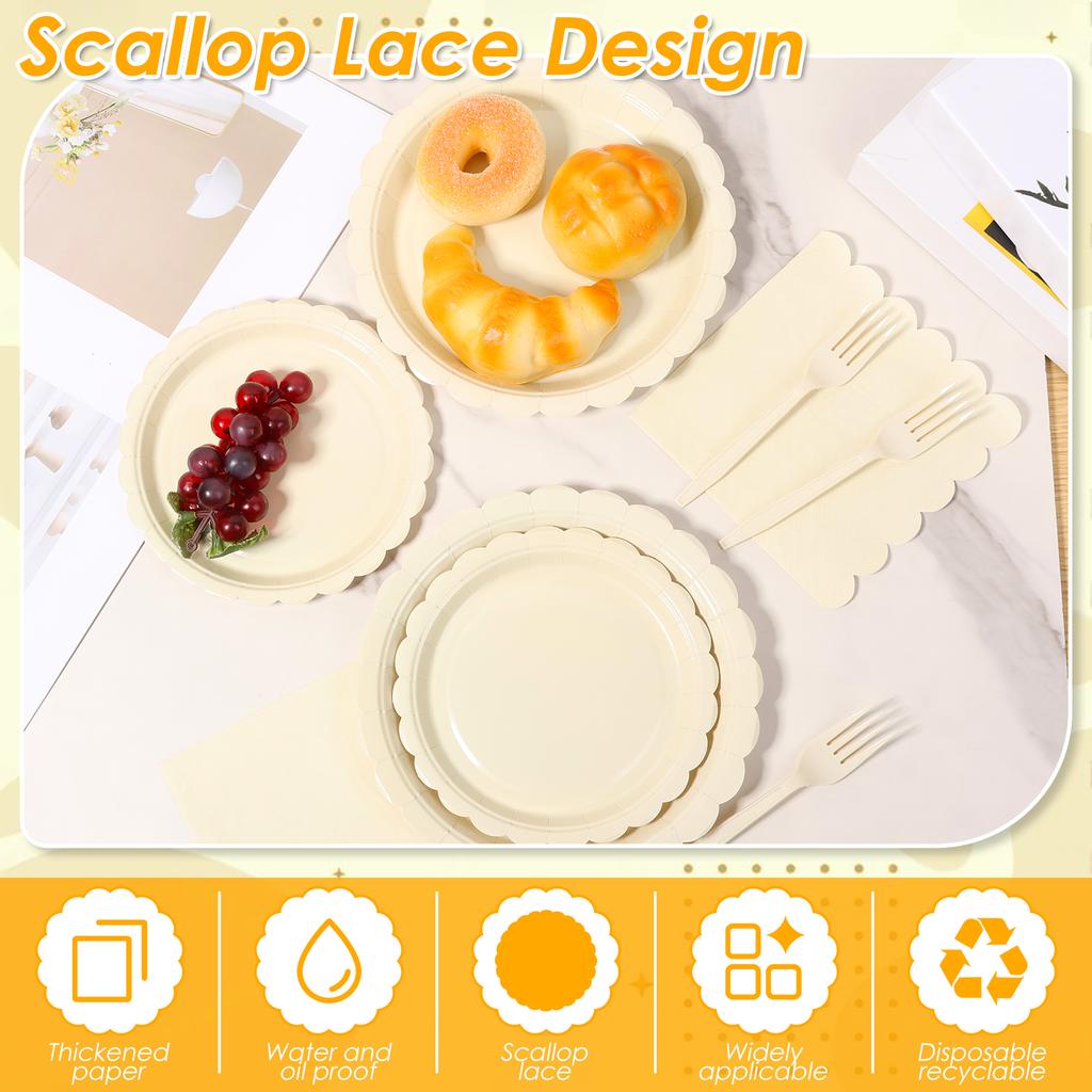 200Pcs Scalloped Edge Tableware Set Party Supplies Thickened Paper Dinnerware with Napkin Plate and Fork for Weddings Tea Party