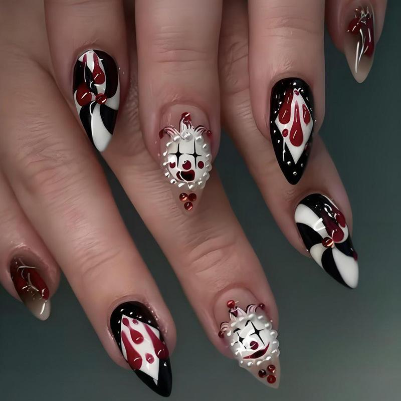 Press On Fake Nails Halloween Almond Stick On False Nail with Circus Clown Design Glossy Full Cover Artificial Acrylic Glue On Nails for Women 24Pcs