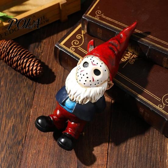 Cute Scary Masked Gnomes Halloween Voorhees Resin Figurine, Horror Hockey Mask Gnome Statue Durable Indoor Window Displays with Knife, Distressed