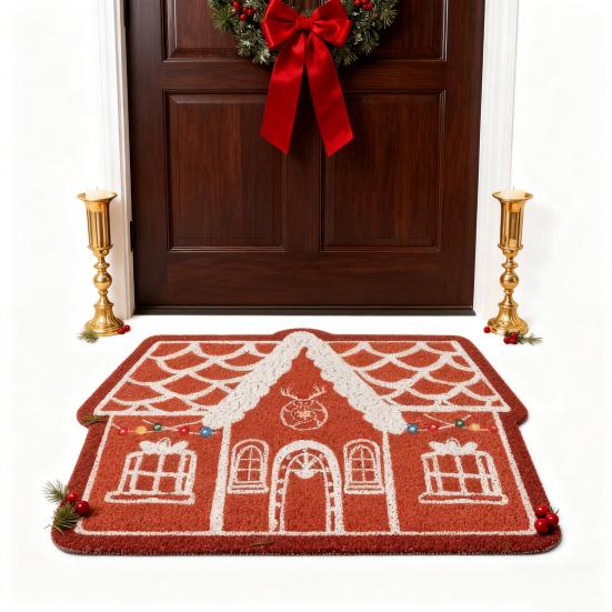 Gingerbread House Christmas Rug Gingerbread Welcome Door Mat Christmas Non Slip Entrance Rug