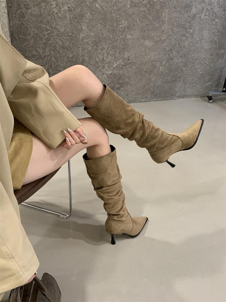 High Heel Pointed Khaki Suede Pile Boots Women's Shoes 2025 Autumn and Winter Single Boots Skinny Long Knight Boots