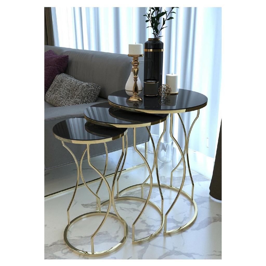 Dream Model Gold Metal Nesting Coffee Table Tempered Unbreakable Black-yellow Marble Pattern Glass