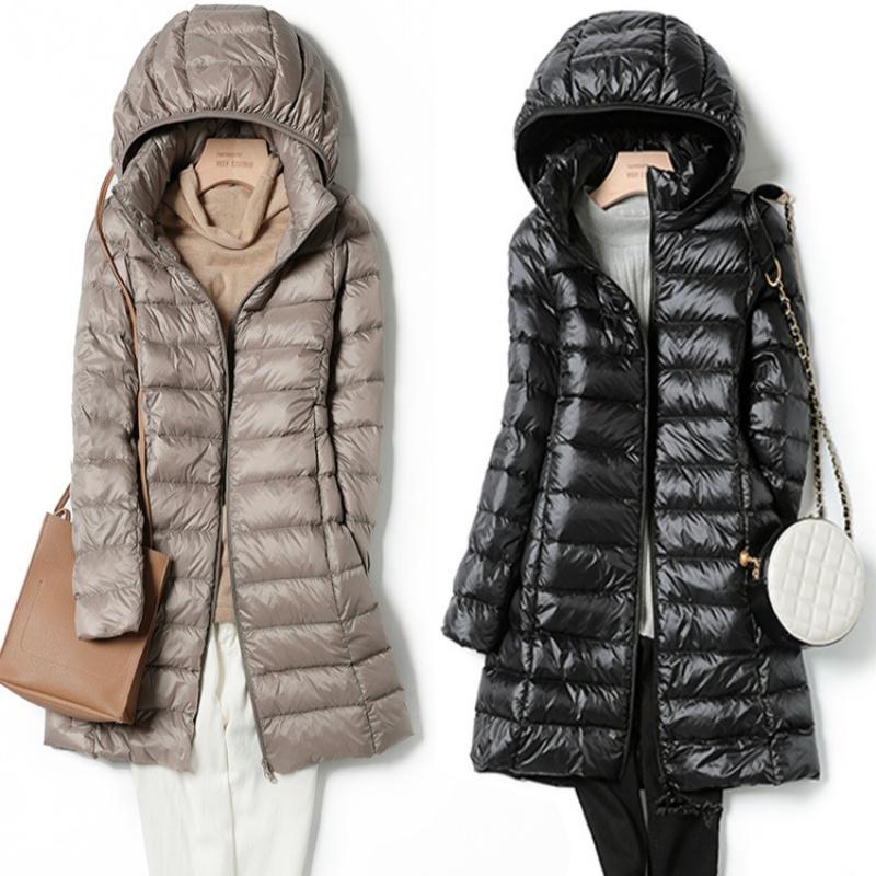 מעיל פוך דק קל משקל לנשים באורך בינוני לסתיו ולחורף עם קפוצ'ון במידות גדולות, כובע נשלף