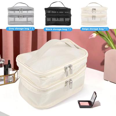 Large Capacity Mesh Cosmetic Bag Double Layer Transparent Travel Toiletry Bag with Handle Portable Makeup Organiser for Women