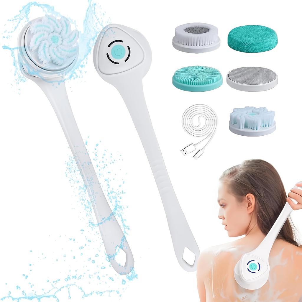 6-in-1 Rechargeable Electric Shower Brush Set for Full Body & Back - USB Powered  Detachable Long Handle & Exfoliating Silicone Brush