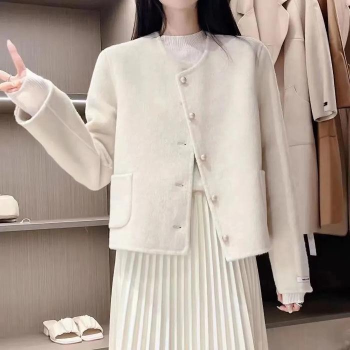 Petite Women's Luxury Double-Sided Wool Coat with Round Neck