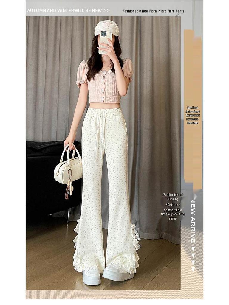 Lace Bow Floral High-Waisted Wide-Leg Summer 2026 Women's Casual Pants