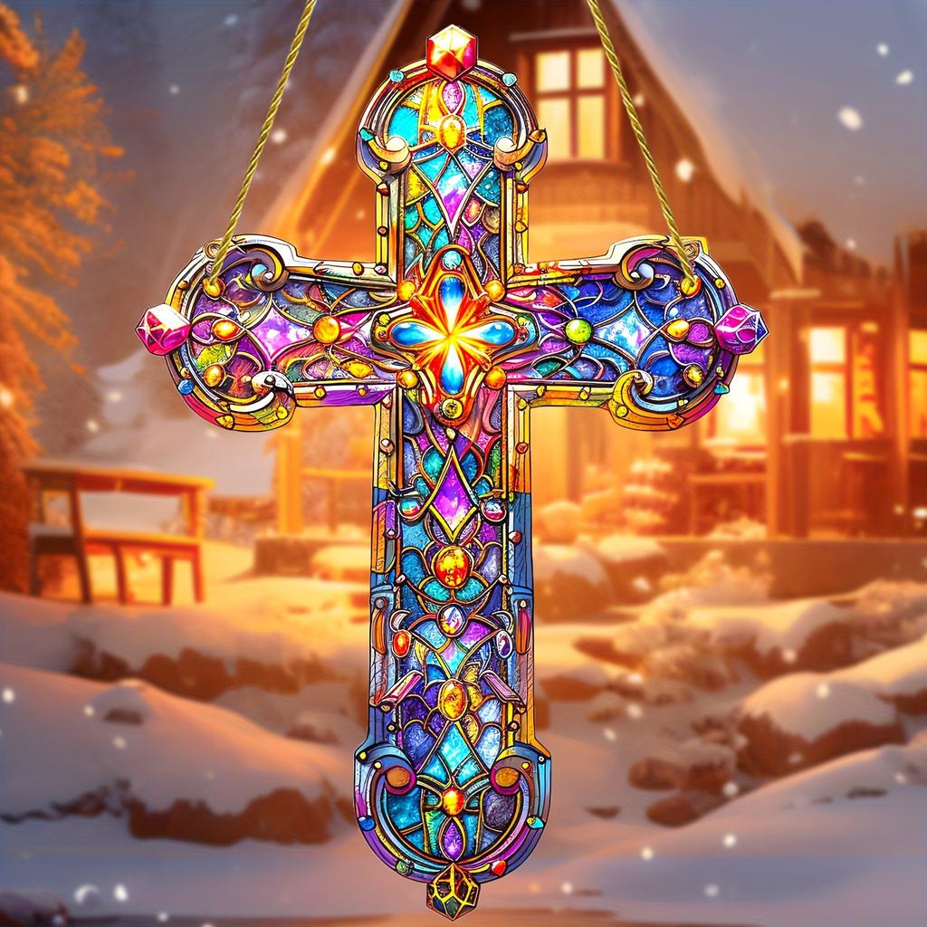 1pcs colored glass style pendant - cross. Garden decoration, religious gifts, Christian decoration