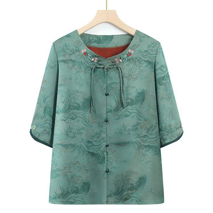 Embroidered Loose Stand Collar Shirt for Plus Size Mature Women