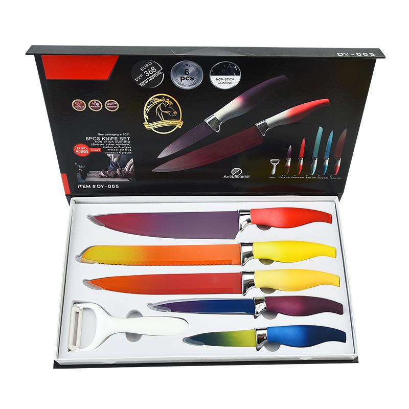 Sechsteiliges Messerset aus Edelstahl mit Farbverlauf für die Küche, Geschenkbox-Verpackung, Messerset