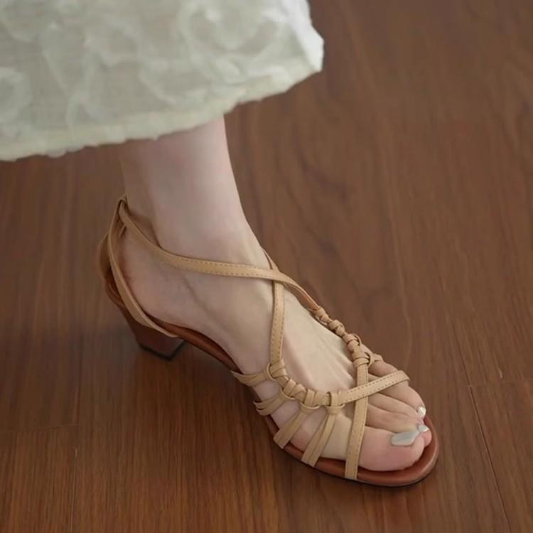 Soft leather version~ hand-woven hollowed-out vacation style high-heeled Roman shoes women's summer open-toed temperament with skirt sandals