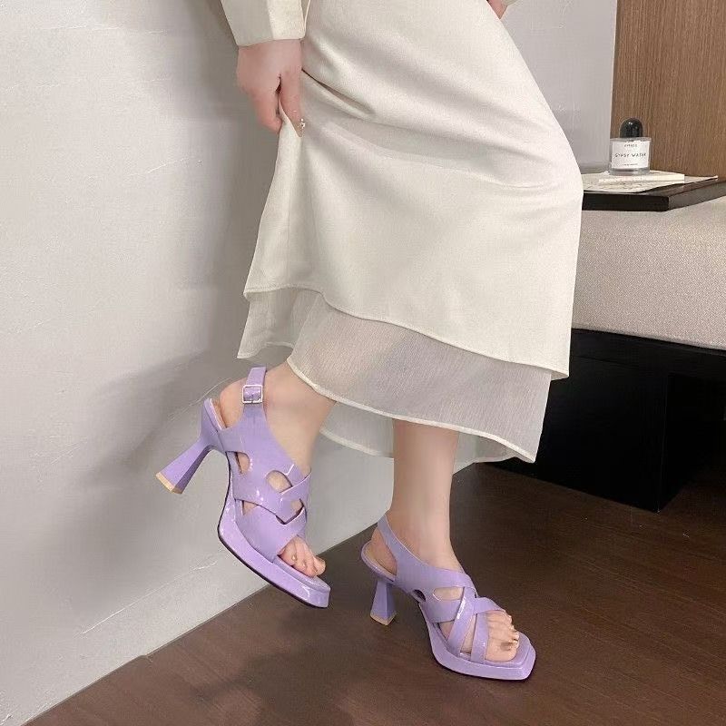 Patent leather square head thick heel fashion platform sandals women's summer 2025 new hollow waterproof table women's high heels