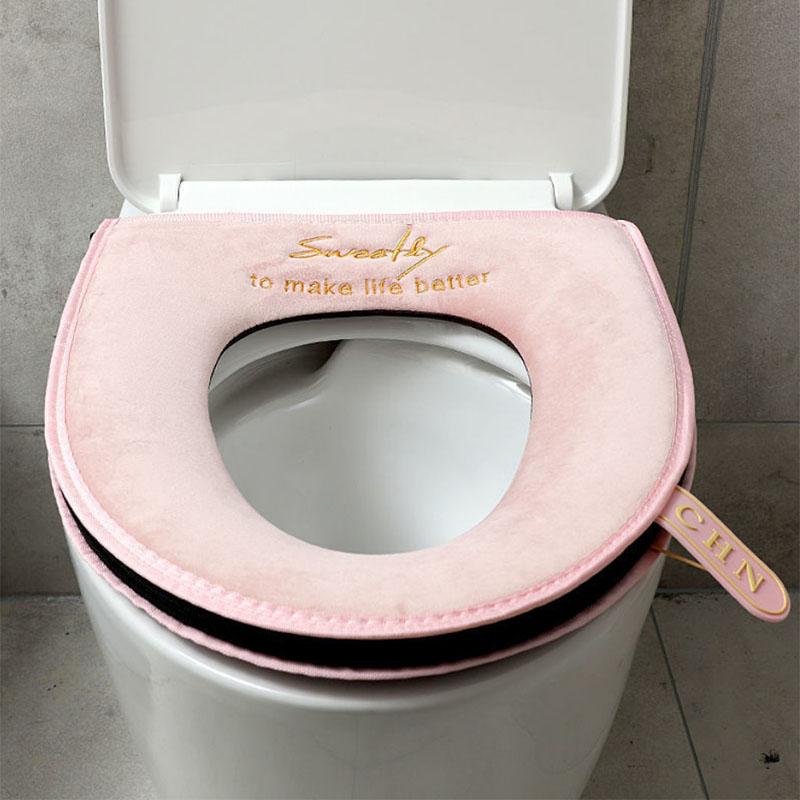 Household Plush Toilet Seat Cushion Toilet Washer Thickened Solid Color Waterproof Zipper Toilet Cover