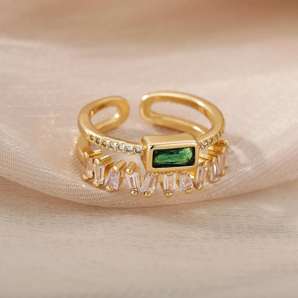 Luxury Green Crystal Double Layer Rings for Women Charm Gold Color Stainless Steel Zircon Wedding Bride Jewelry Accessories Gift