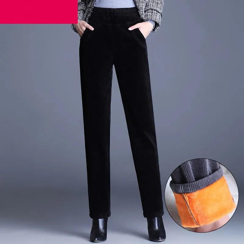 

Женские осенне-зимние вельветовые брюки с высокой посадкой, свободного кроя, с эластичным поясом, больших размеров, из утолщенной ткани, повседневные брюки для мам M чёрный