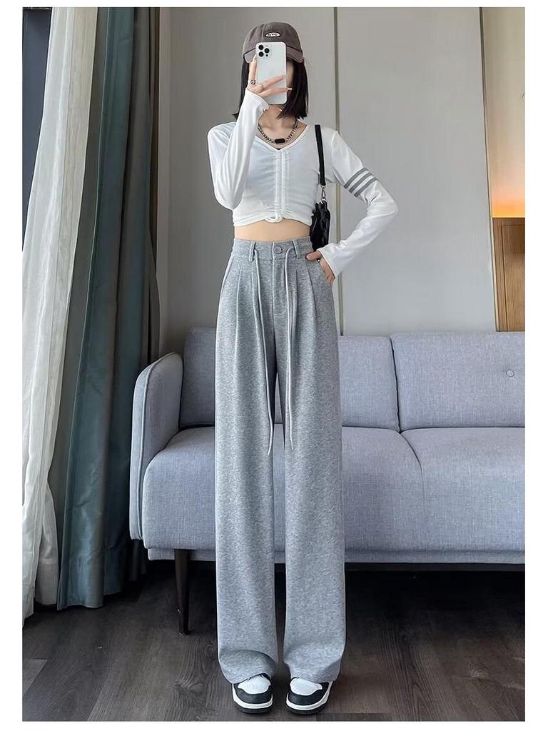 Women's Gray High-Waisted Wide-Leg Sweatpants - Casual Drawstring Fit for Autumn and Winter