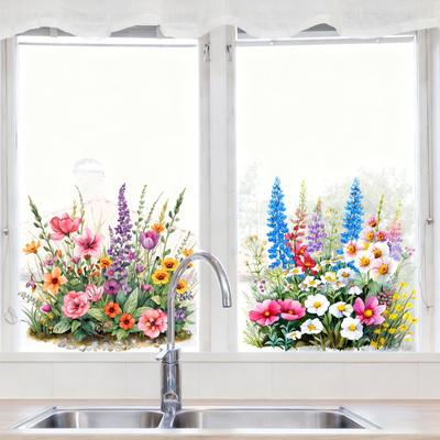 Yousheng 3 Sheets Spring Wildflower Window Clings Colorful Flowers Grass Reusable Static Decals for Home School Office Glass Door