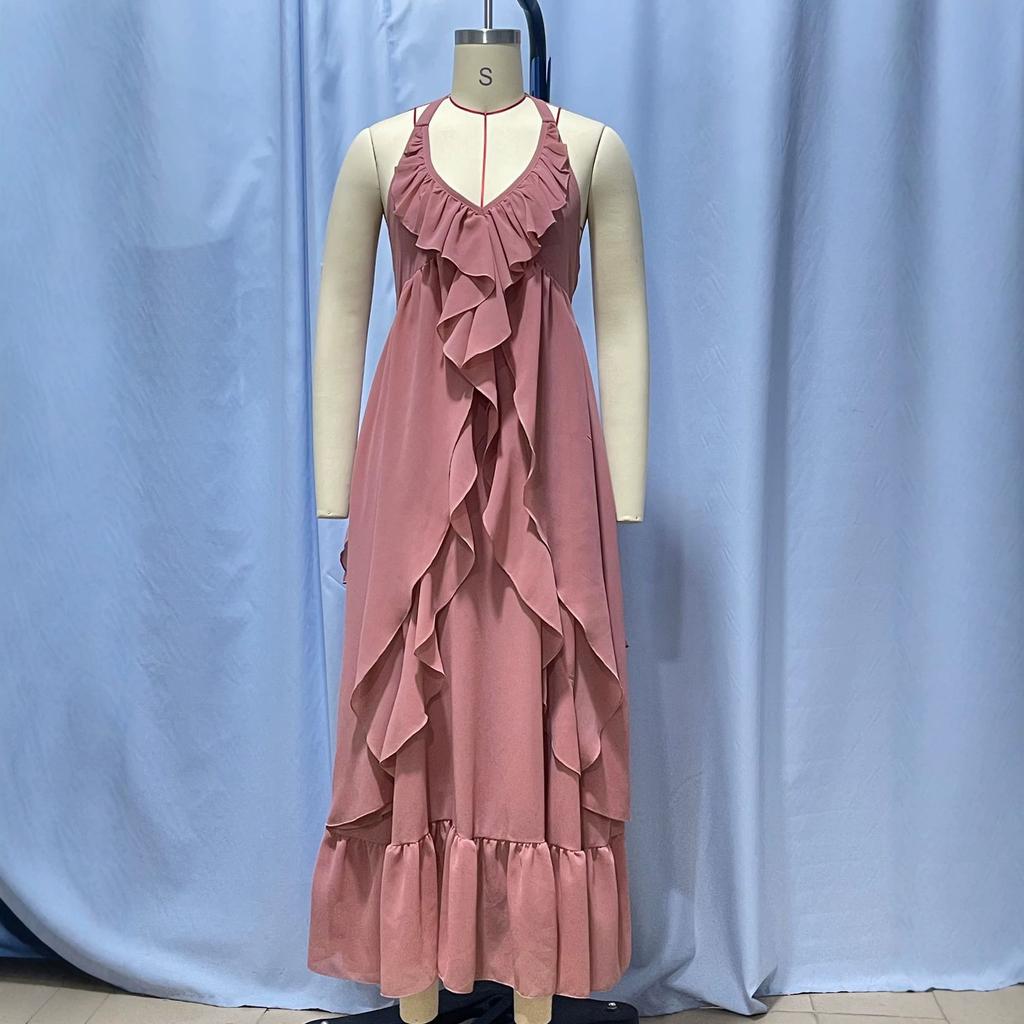 European and American style pleated ruffle edge suspender dress women's summer vacation long dress elegant irregular design skirt