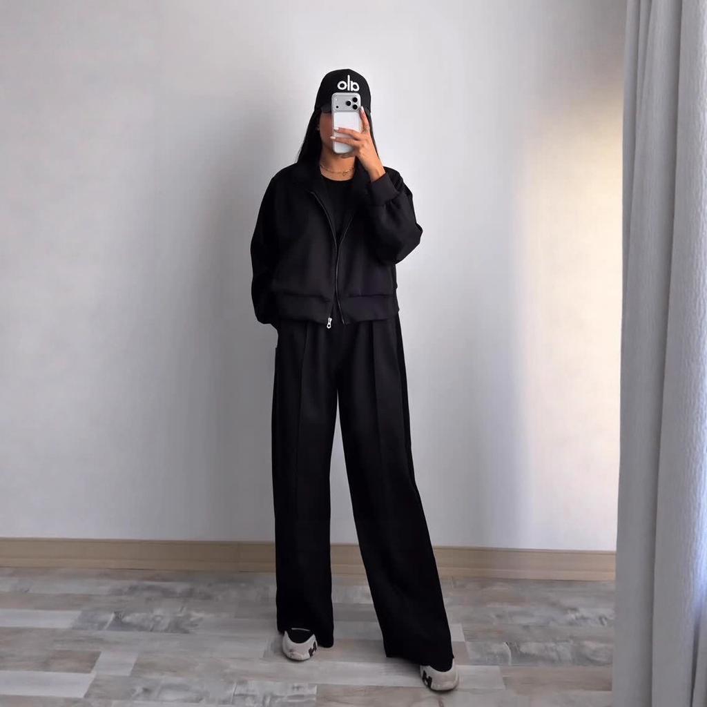 2025 Cross-border European and American Autumn New Cardigan Lapel Sports Zipper Jacket Waist Wide-leg Pants Women's Clothing