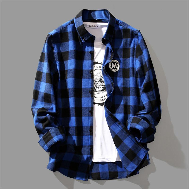 Herre Trendy Svart & Hvit Rutete Koreansk Stil Løs Casual Langermet Skjorte for Vår & Høst