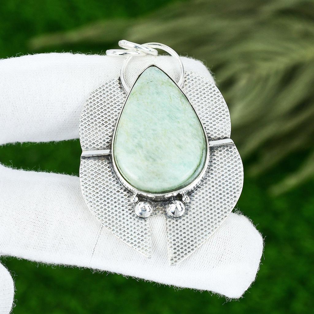 Pendentif Pierre Précieuse Amazonite Naturelle Fait Main Argent Sterling 925 Bijoux Indiens