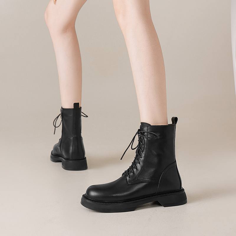 Krazing Pot Cow Skin Natural Fur Autumn Winter Shoes Thick Heels Western Boots Round Toe Keep Warm Lace Up Ankle Boots