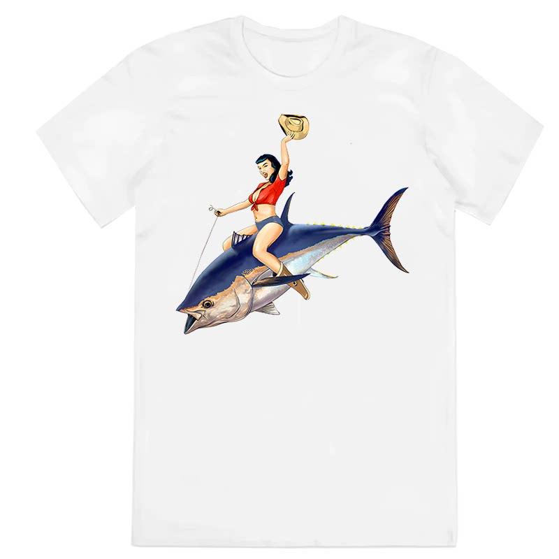 Y2k Summer Marine Fish Handpainted Salmon Sea Fish Fishing Beach Fishing Pure Cotton Printed Loose Shortsleeved Tshirt