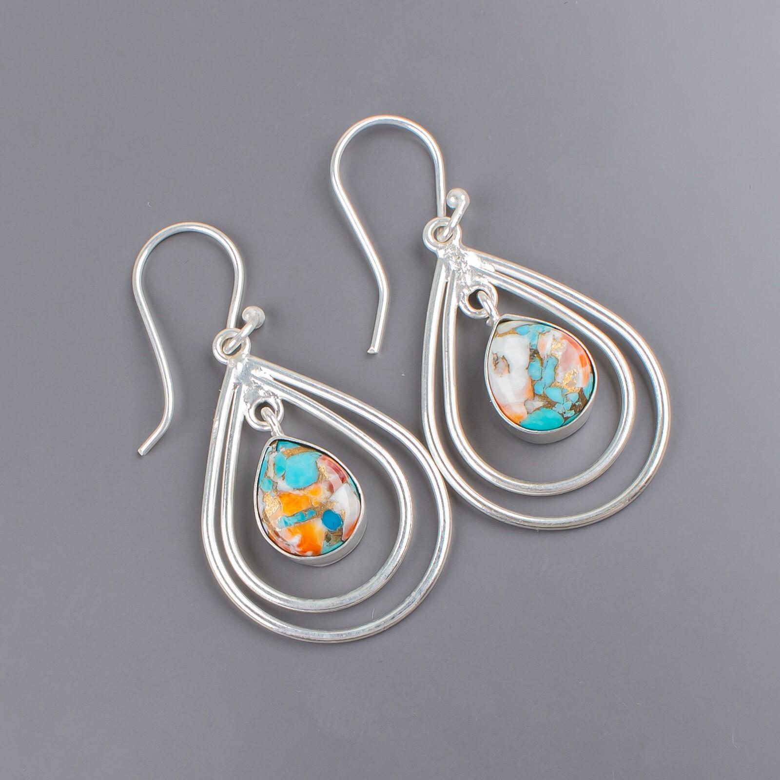 

925 Sterling Silver Spiny Oyster Gemstone Handmade Jewelry Dangle Earrings 2.00 EE-34-35