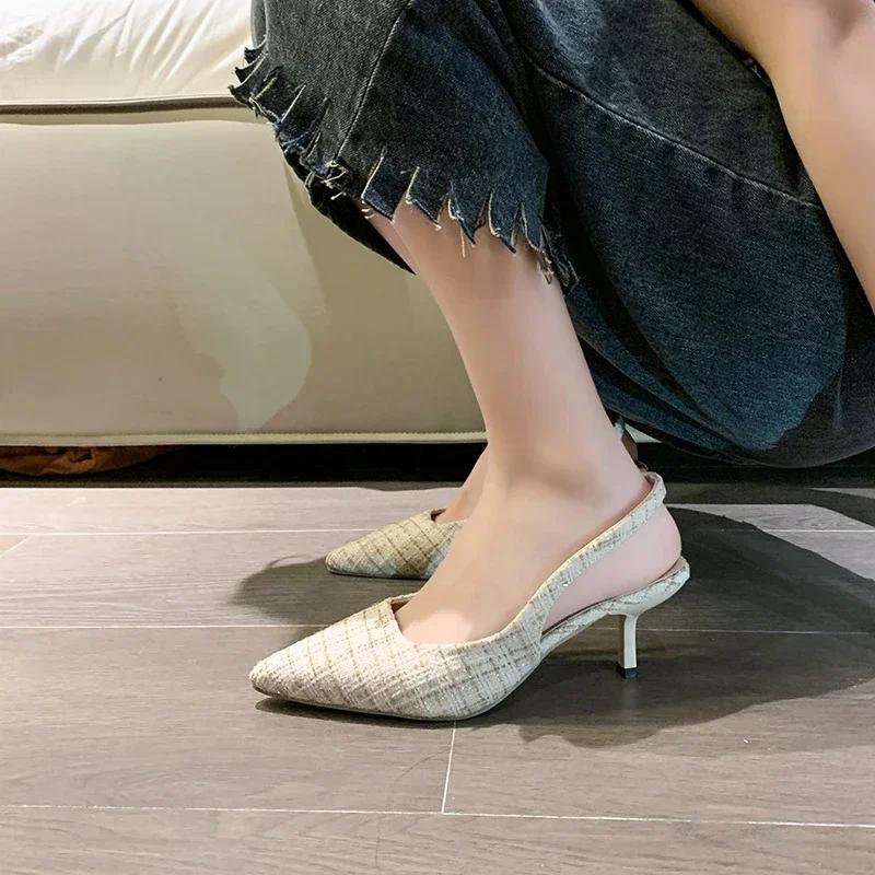 Fashion 2024 New Sandals Straps Women's Low Shoes Suit Female Beige Summer Clear Heels Low-heeled Black Closed Pointed Elastic Band Ope