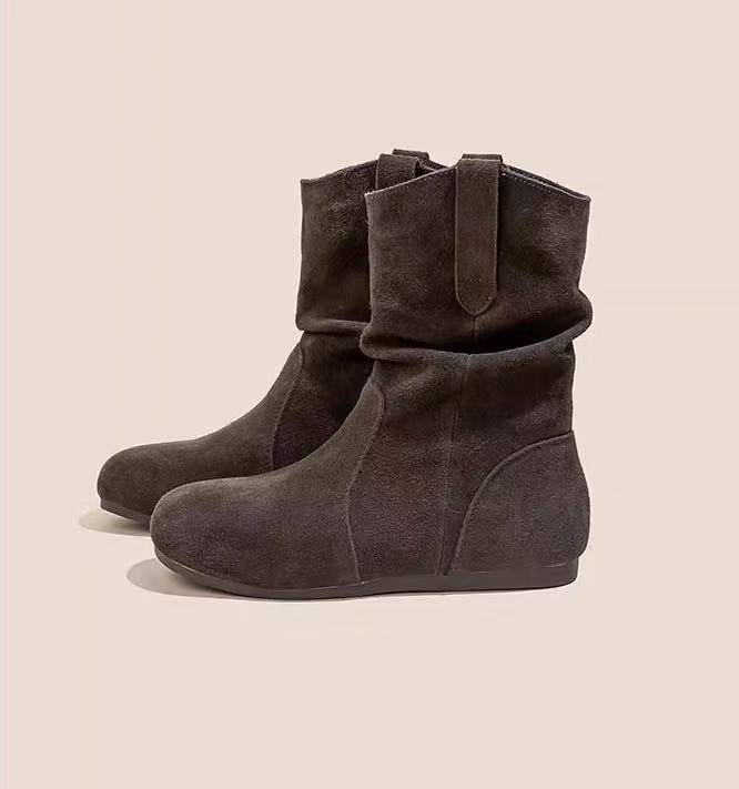 Soft Leather Version~ Short Boots Women's Retro Western Cowboy Boots 2025 Autumn New Pleated Stacking Boots Chelsea Thin Boots