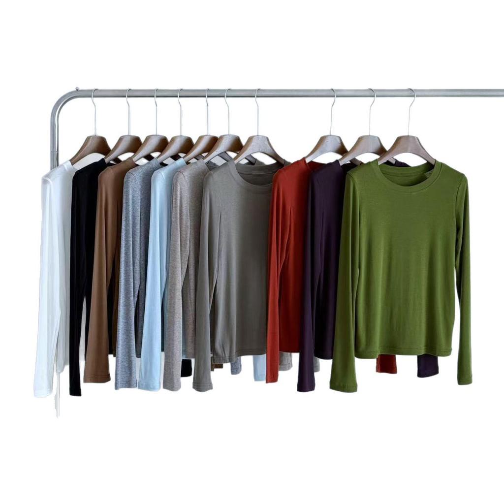High-Quality Women's Lyocell Tencel Wool Long-Sleeve Base Layer Top, Wearable as Outerwear, with Round Neck.