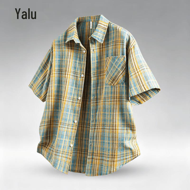 Yalu Men s Loose Fit Short Sleeve Plaid Shirt XL