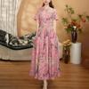 Women's Floral Print Maxi Round Neck Short Sleeve High Waist Pleated Linen Blend Casual Dress