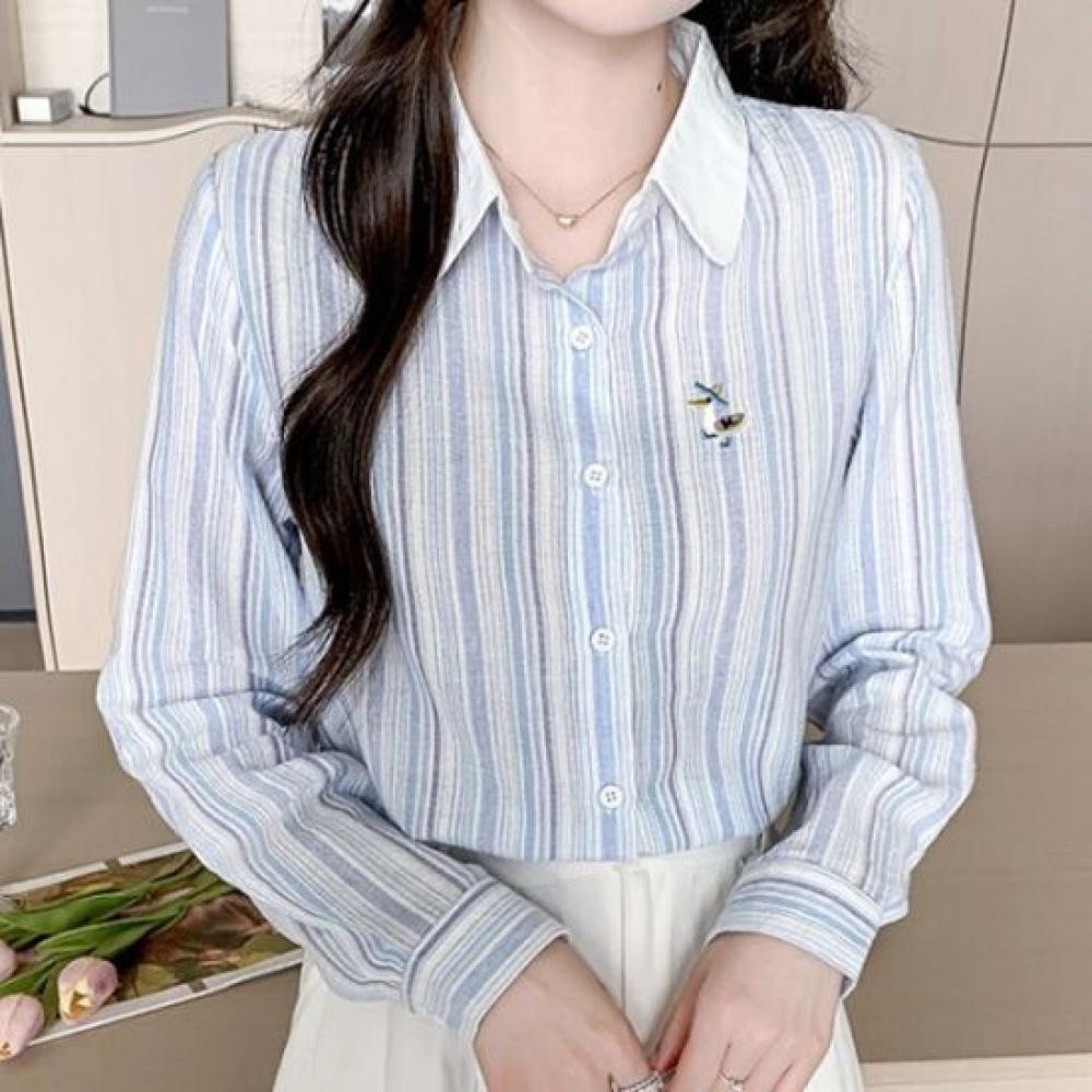 Navava Casual Stripe Embroidery Point Long Sleeve Shirt Nb3043