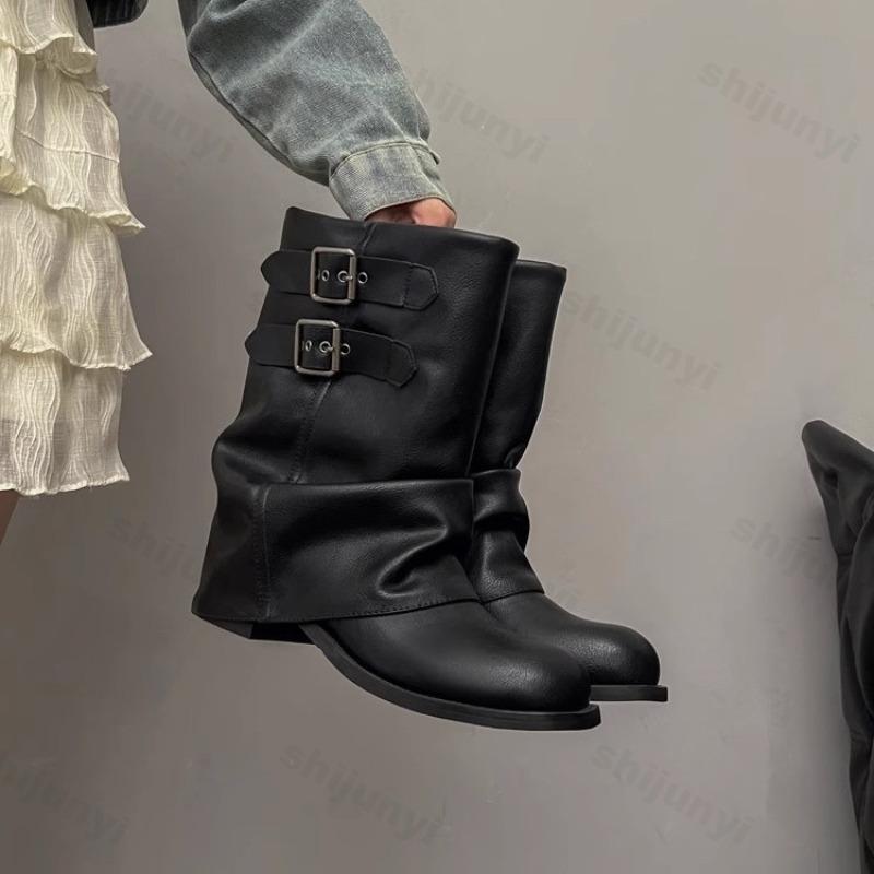 Fashion Women's Black Short Boots Winter New Fashion Buckle Strap Luxury Motorcycle Boots Comfortable Outdoor Non Slip Middle Heel Shoes