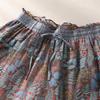 Vintage Floral Print Thin Ramie Pants Women Summer Elastic Waist Ankle Length Trousers Loose Wide Legs Pants