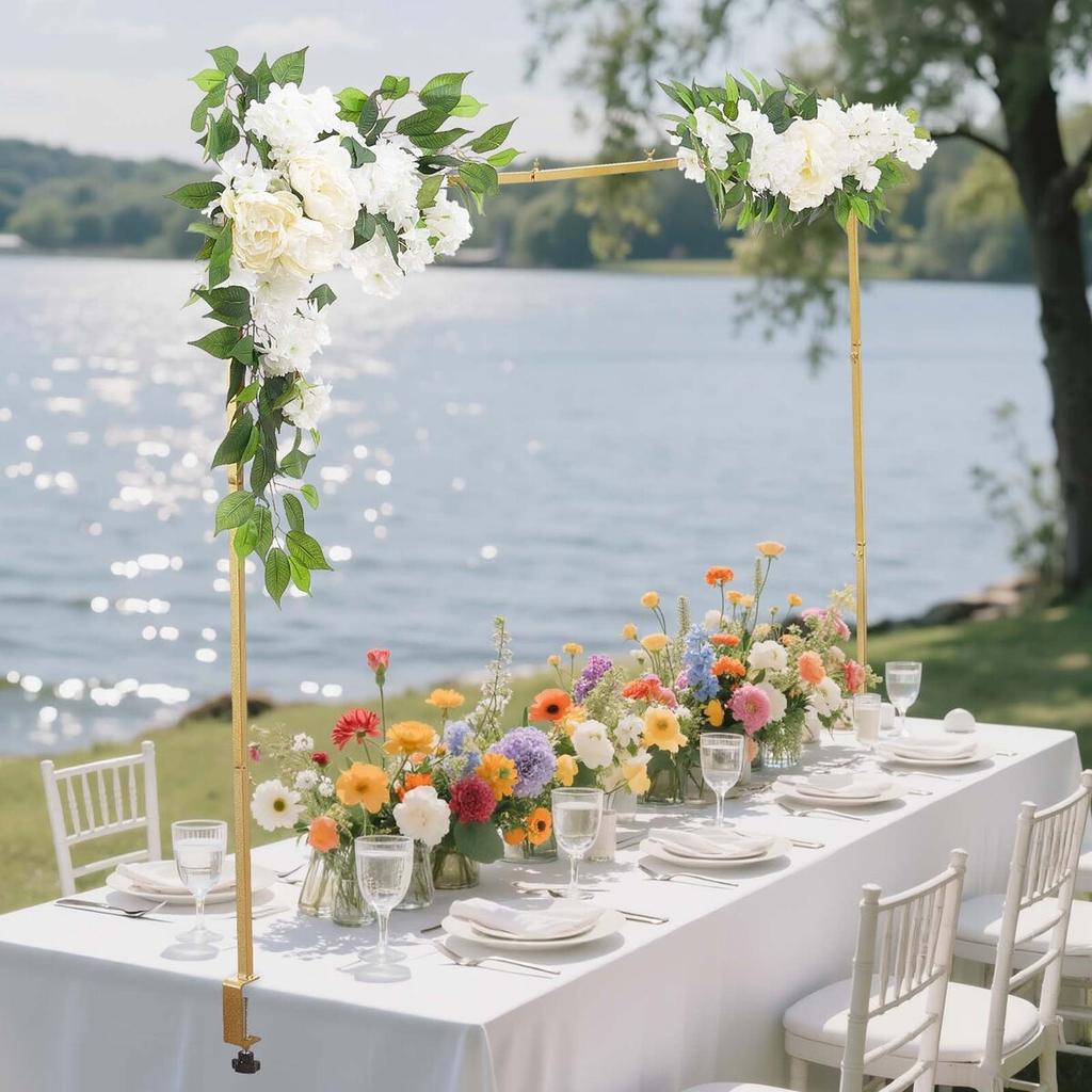 Over the Table Rod Stand with Clamps, Adjustable 71-249 Cm Length & 33-106 Cm Height, Table Arch Stand with Floral Accessories, Gold Balloon Frame for