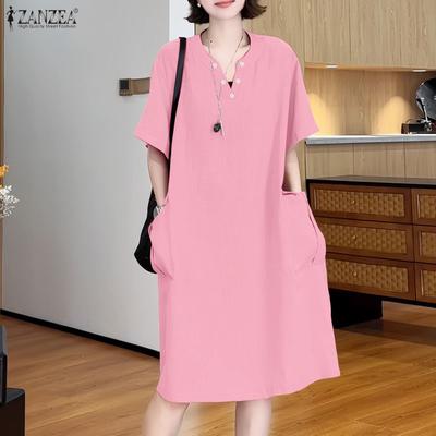 Women Turn Down Collar Summer Short Sleeve Casual Dress