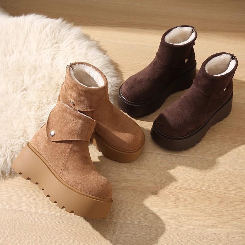 Leather thick-soled heightening snow boots women's Martin boots new winter velvet short boots thermal cotton shoes