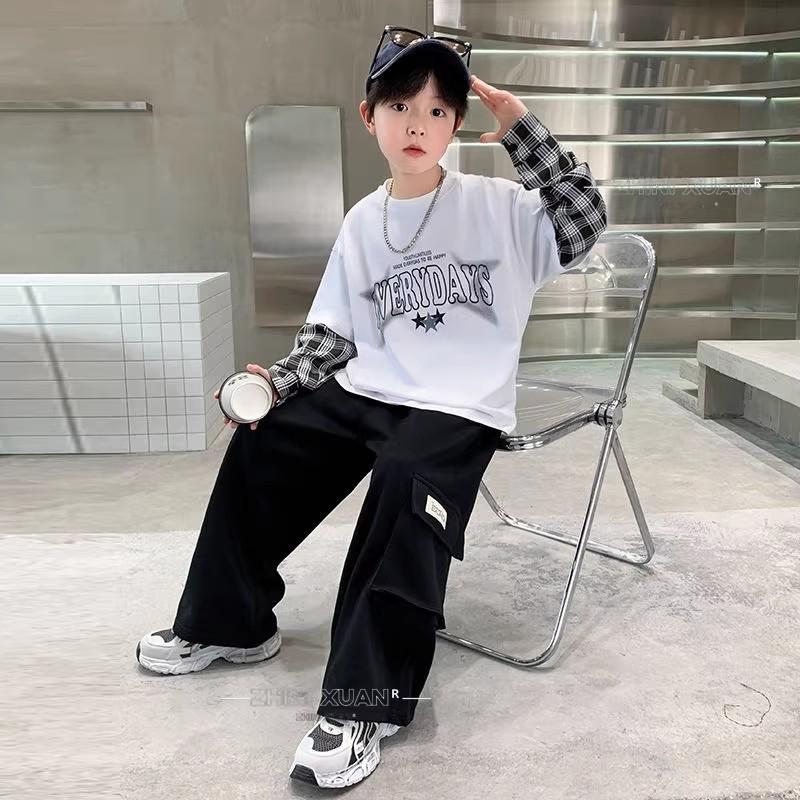T-shirt a manica lunga a strati in cotone pesante a quadri unisex - Stile casual coreano e americano